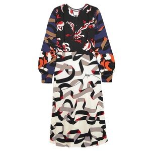 MSGM Massimo Giorgetti Patterned Midi Dress Abstract White, Black & Red $1065 40